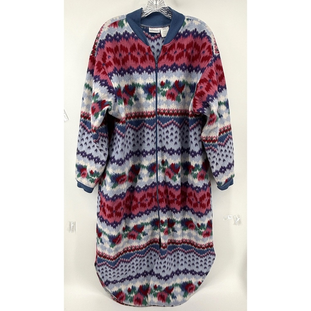 Adonna Fleece Zip Robe Large Fair Isle Floral Cottagecore Long Sleeve Lounger
